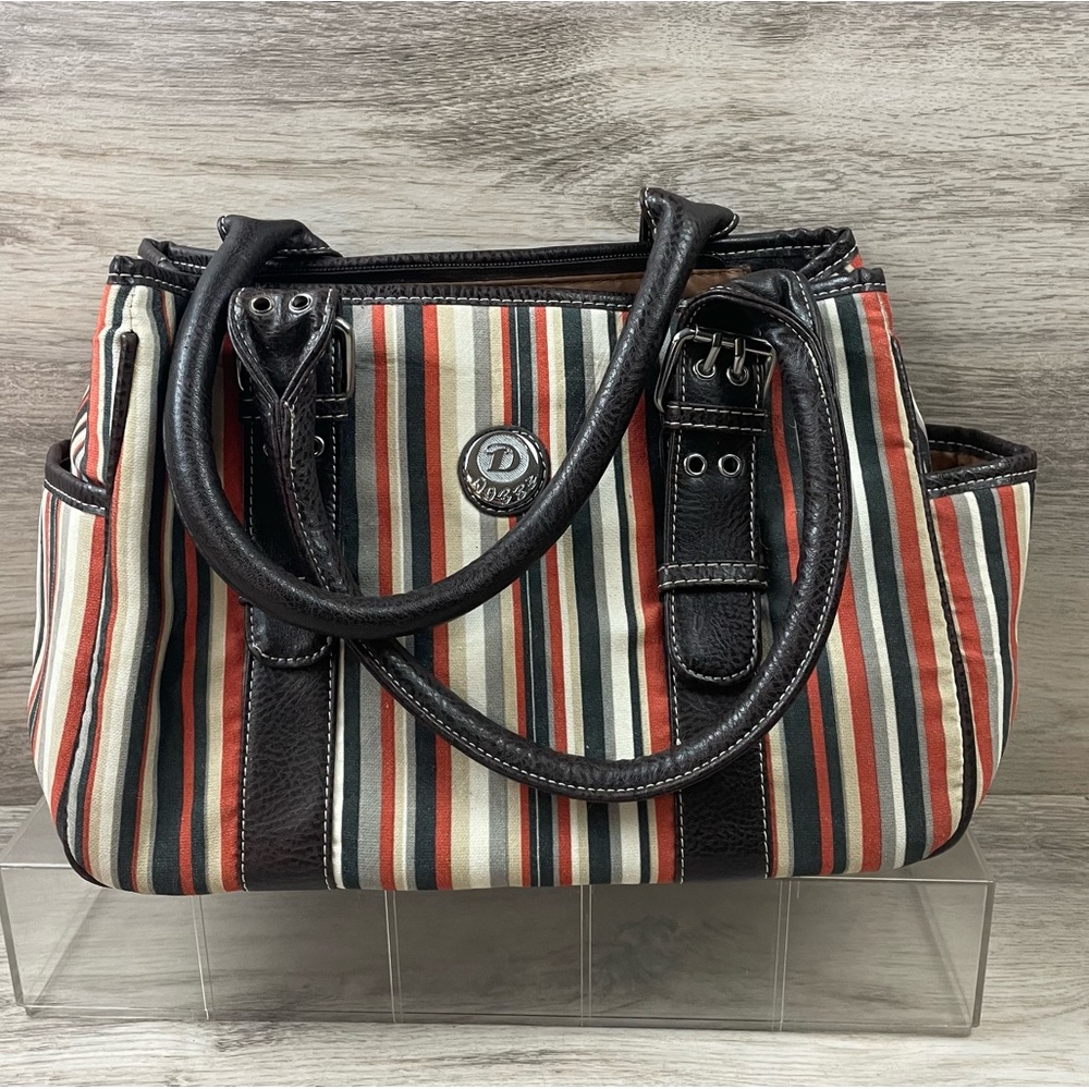 RARE Dobby England Purse HTF 12” X 8.5 Striped Shoulder Bag Brown Orange Gray